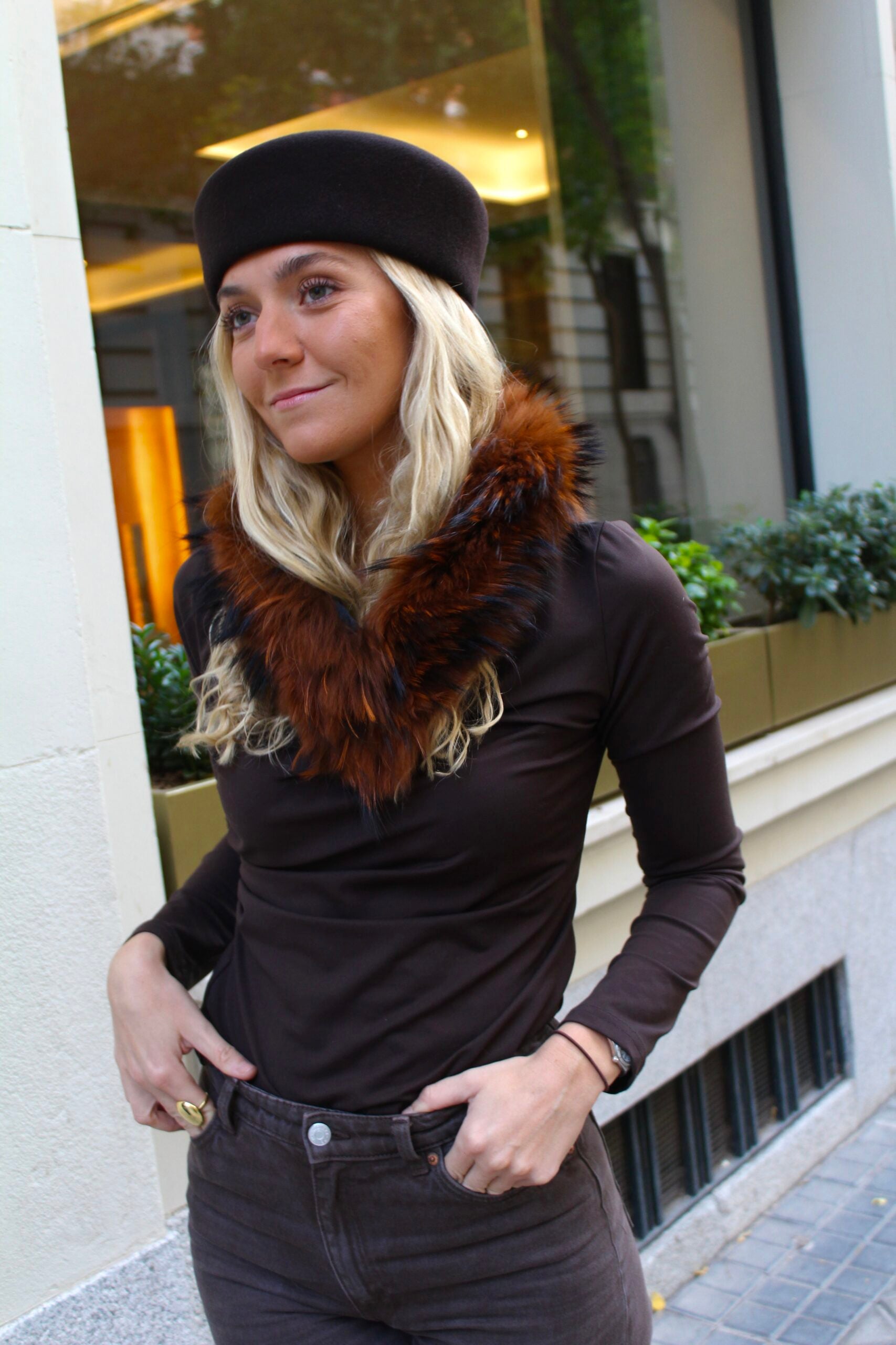 Cuello Aspen de pelo natural de Marmota 100% - Teja